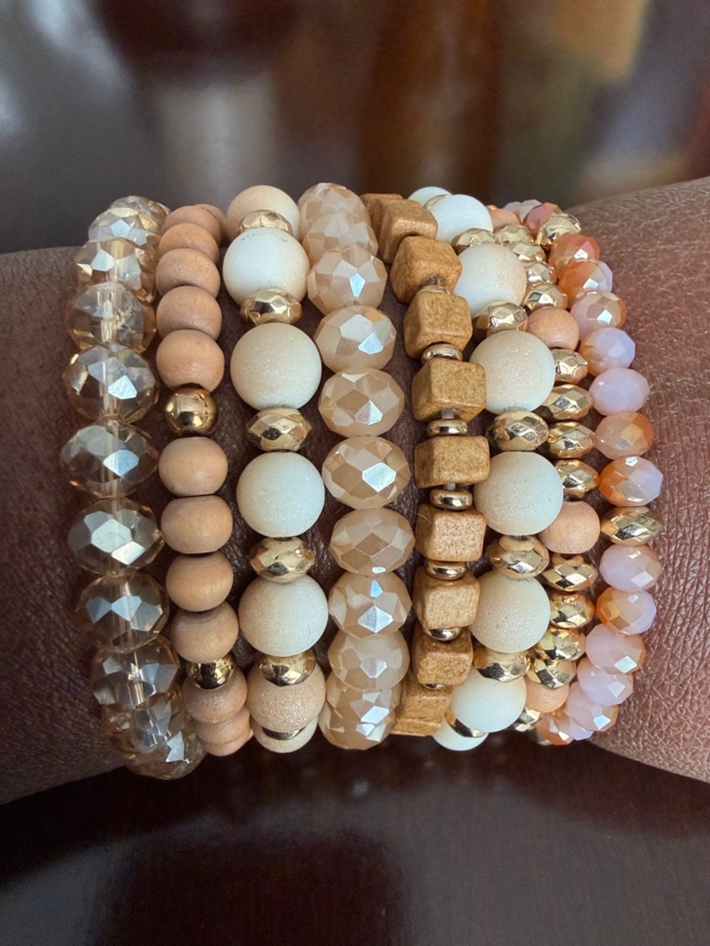 Neutral Multi-Stack Beaded Bracelet Set - Gold Accent - Picture 2 of 5